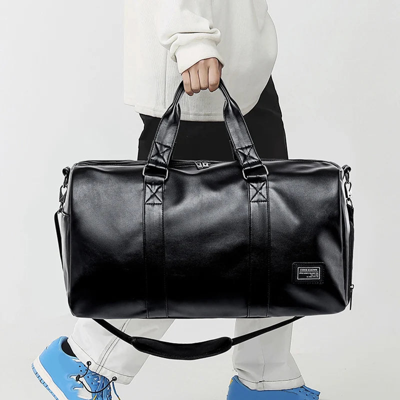Large Capacity Travel Bag PU Travel Handbag Men Carry on Luggage Duffle Bags Soft Casual Black Big Weekend Bags Travelling Tote