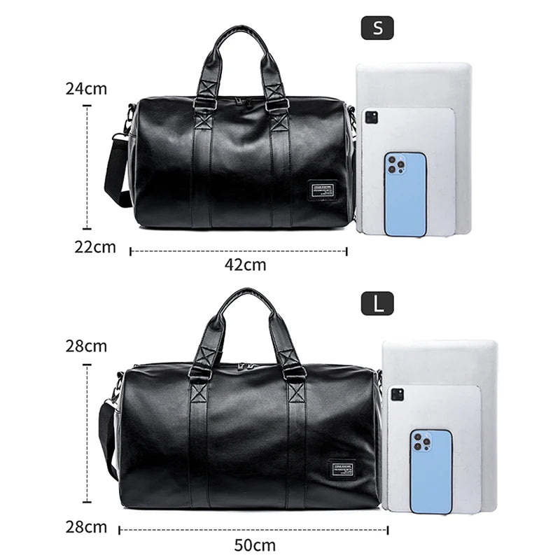 Large Capacity Travel Bag PU Travel Handbag Men Carry on Luggage Duffle Bags Soft Casual Black Big Weekend Bags Travelling Tote