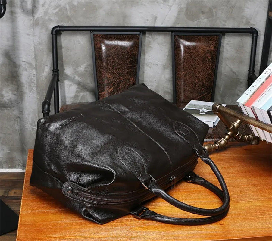 Fashion Genuine Leather Travel Bag Men'S Luggage Bags Large Male Duffle Bag Weekend Women Shoulder Bag Big Tote Handbag Black